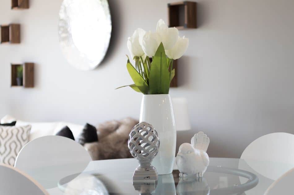 white tulip bouquet in living room
