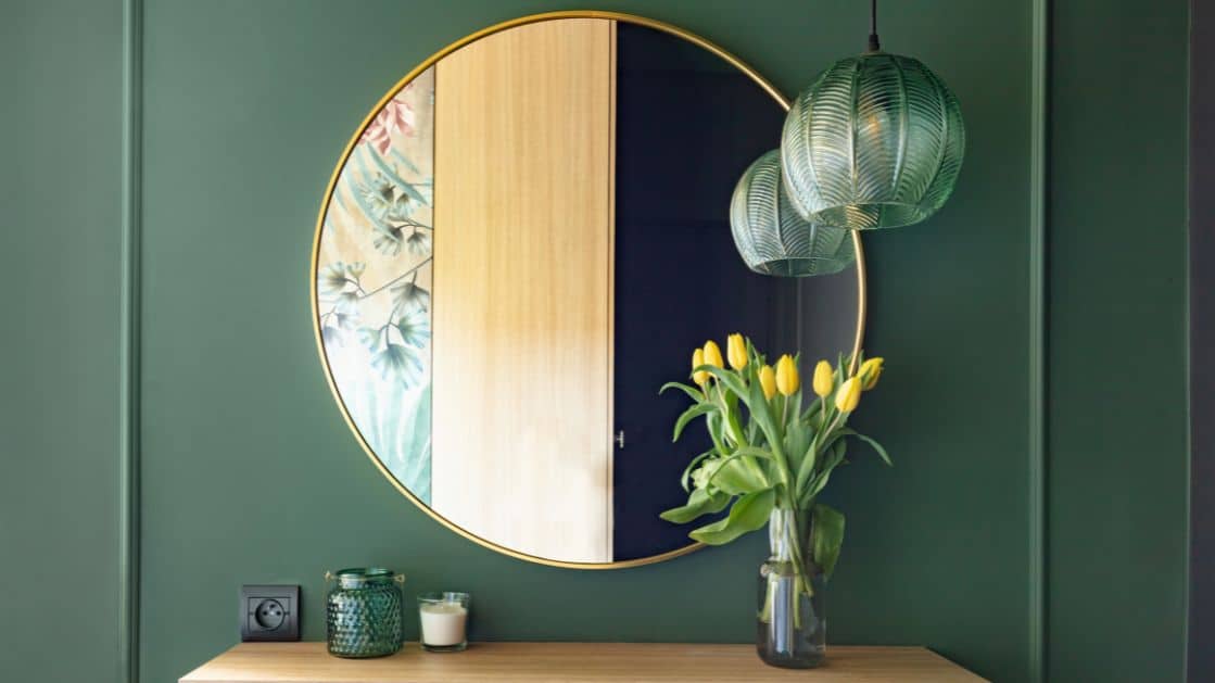 dressing table with yellow flowers and a round mirror