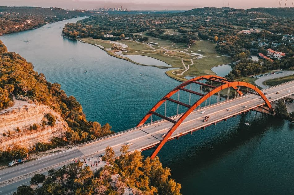 aerial view of Pennybacker Bridge in Austin, Texas