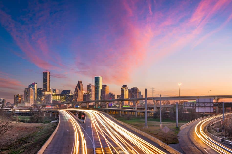 Houston, Texas skyline over the highway - one of the hottest real estate markets in texas