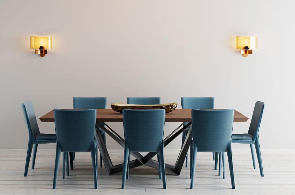 modern minimalistic dining room with beige empty walls, a wooden table, and eight blue chairs