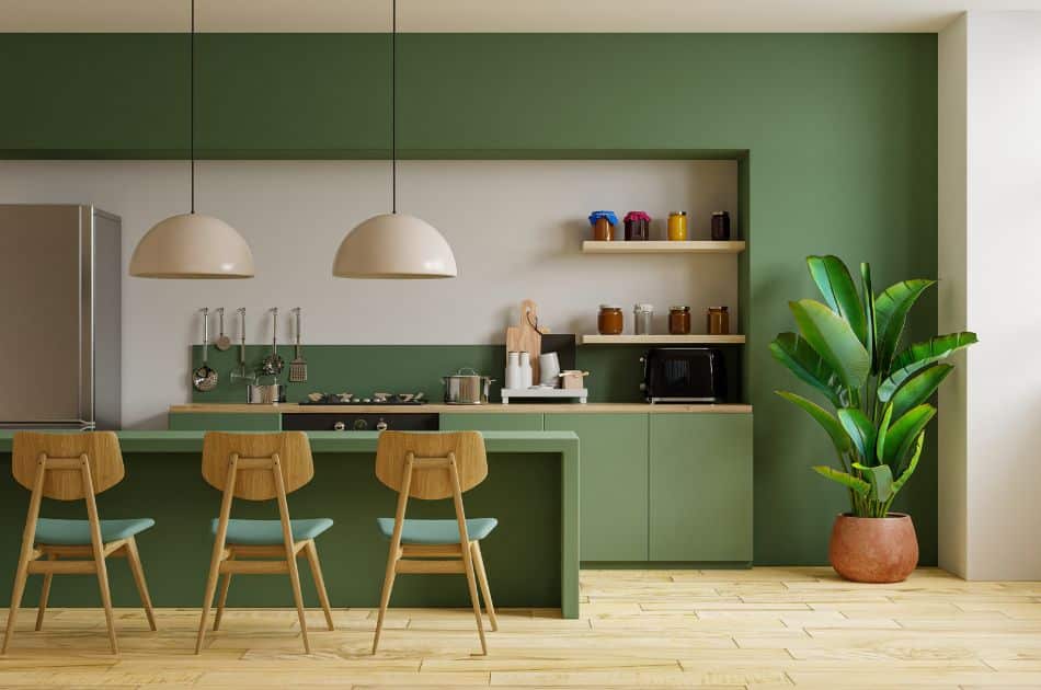 modern style kitchen interior design with green wall