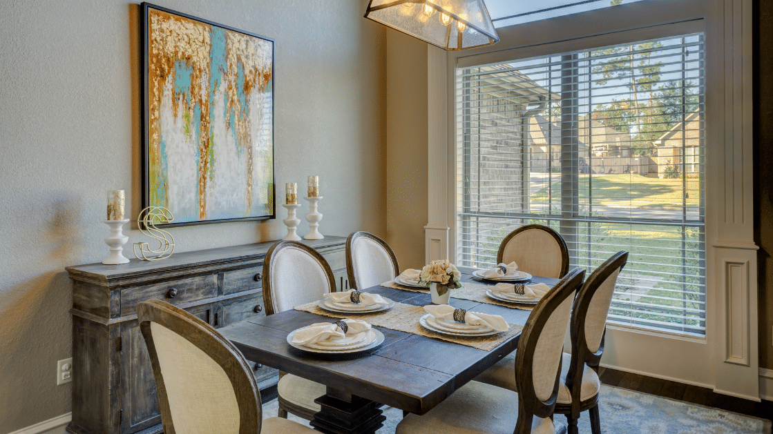 luxury dining room interior with a dining room table set up with 6 places
