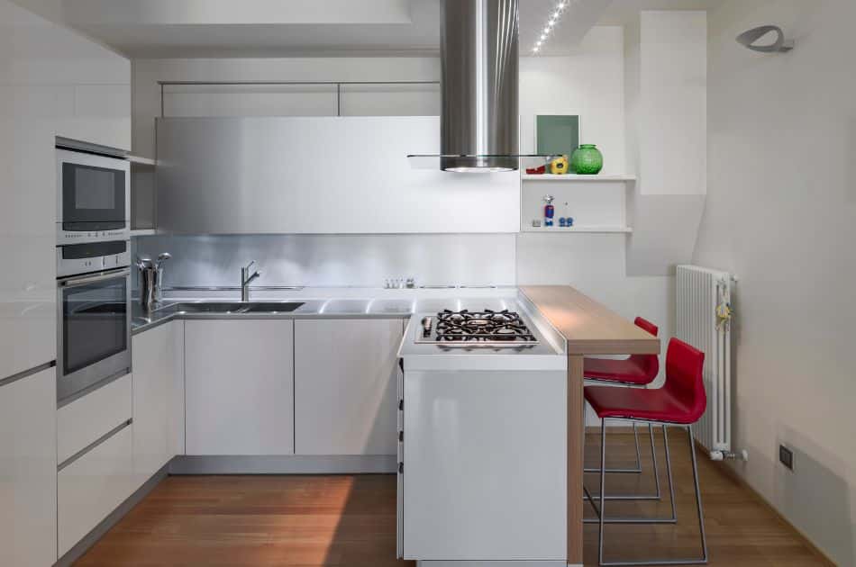 modern white kitchen with red chairs